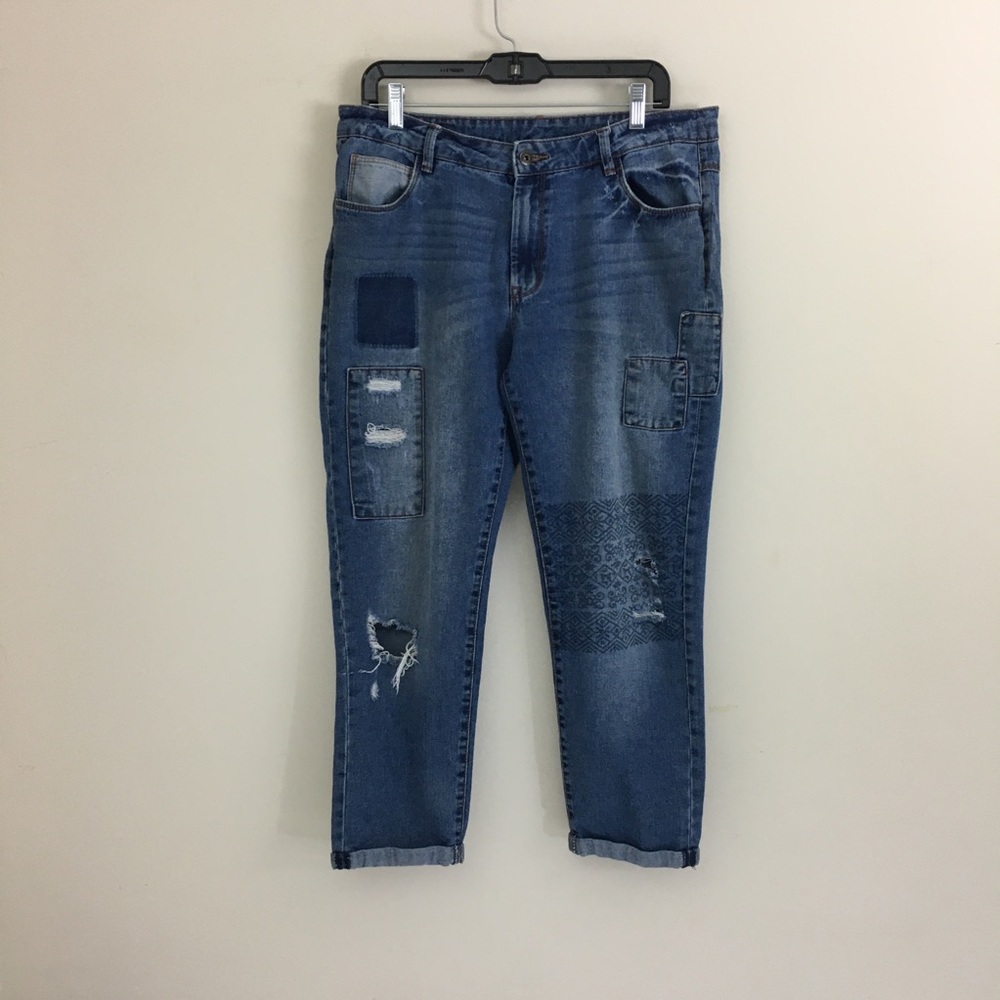 Distressed Patch Boyfriend Fit Denim Blue Jean by Bare Denim 100% Cotton